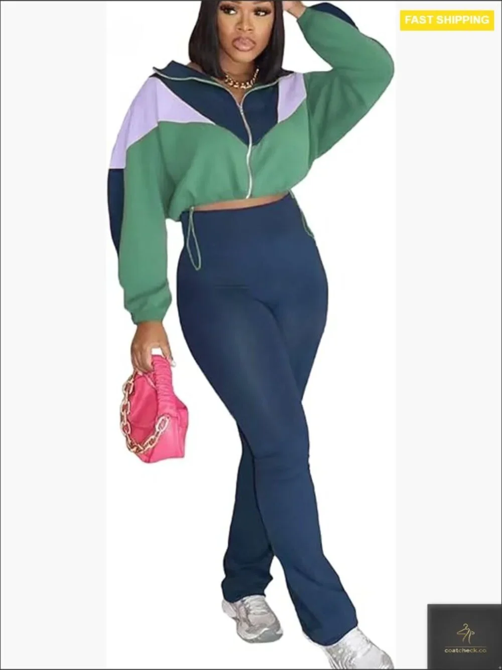Colorblock Zip Up Cropped Jacket Flare Pants Jumpsuit Set Casual Sporty